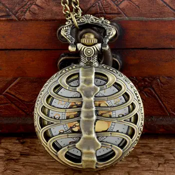 

Retro Bronze Steampunk Spine Ribs Hollow Quartz Pocket Watch Chains Antique Men Women Skeleton Pendant Necklace Clock Gift