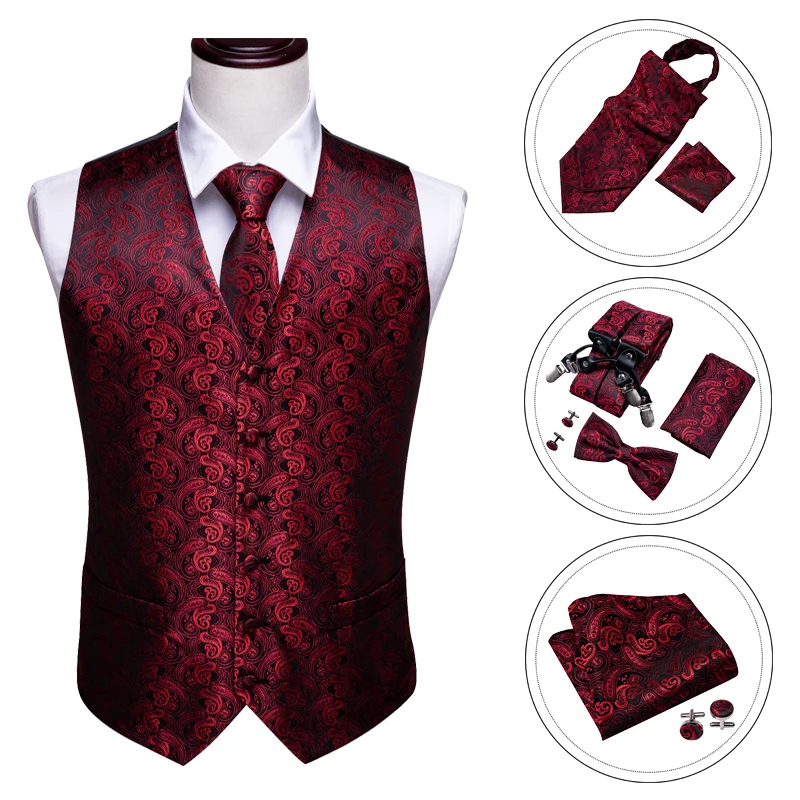 Barry.Wang Red Slim Vest Suit for Men Skinny Waistcoat V-Neck Silk Tie Paisley Bowtie Set Elastic Suspender for Wedding Party
Barry.Wang Red Slim Vest Suit for Men Skinny Waistcoat V-Neck Silk Tie Paisley Bowtie Set Elastic Suspender for Wedding Party