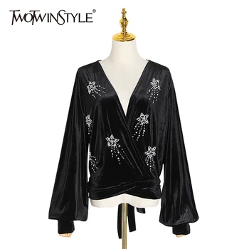 TWOTWINSTYLE Patchwork Diamonds Women's Blouses V Neck Lantern Long Sleeve Loose Ruched ladies Shirts Fashion Clothing 2020 Tide 
TWOTWINSTYLE Patchwork Diamonds Women's Blouses V Neck Lantern Long Sleeve Loose Ruched ladies Shirts Fashion Clothing 2020 Tide