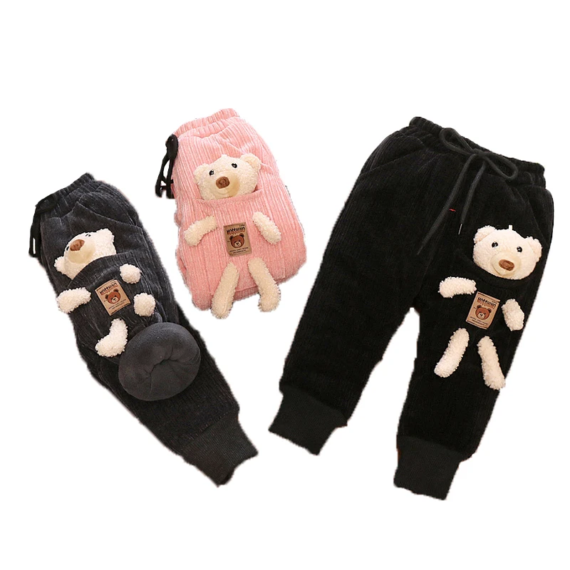 

Winter Girls Pants 2021 New Fashion Cartoon Pocket Little Bear Corduroy Plus Velvet Thickening Children Clothing Kids Trousers