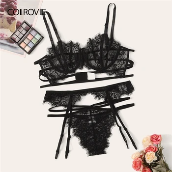

COLROVIE Floral Lace Sheer Garter Lingerie Set Women Black Intimates 2019 Sexy Sets Floral Bra And Thongs Ladies Bra Set