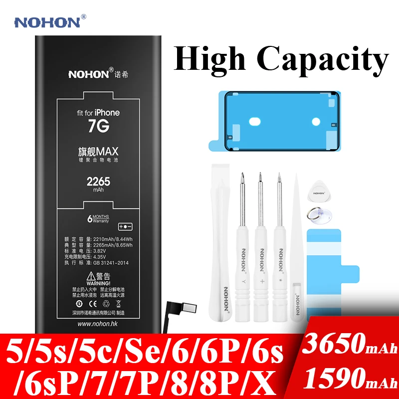 

Nohon Battery For iPhone 5 5s 5c Se 6 6s 7 8 Plus 6P 6sP 7P 8P X 6Plus 6sPlus iPhoneX High Capacity Li-polymer Batteries + Tools