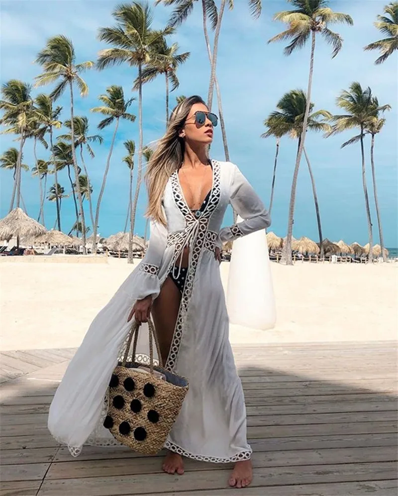 2022 Swimwear Cover-ups Sexy V-neck Summer Beach Dress White Lace Tunic Women Plus Size Beachwear Swim Suit Cover Up Q988 2022 Swimwear Cover-ups Sexy V-neck Summer Beach Dress White Lace Tunic Women Plus Size Beachwear Swim Suit Cover Up Q988