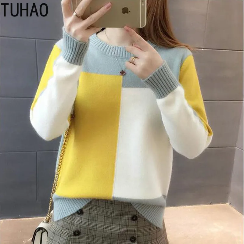 TUHAO sweet Casual Lady women sweater Geometric Pattern Loose Knit Women Bottom Shirt Color Collision Femme sweaters HC160 | Женская