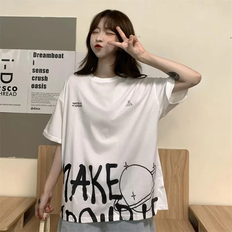 

Female Korean Harajuku Lazy Loose Cartoon Letter Print Tshirt Women's T-shirts Tops Japanese Kawaii Ulzzang Clothes For Women