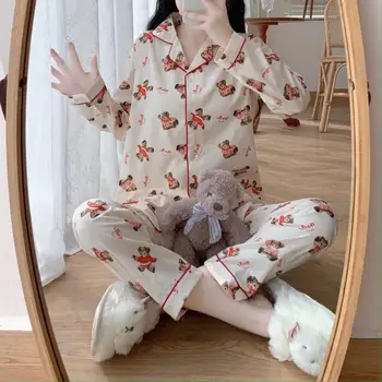 Pijama Women Winter Cotton Cute Cartoon Print Sweet Cardigan Button Loose Top Pants Two Piece Casual Home Warm Pajamas Female 
Pijama Women Winter Cotton Cute Cartoon Print Sweet Cardigan Button Loose Top Pants Two Piece Casual Home Warm Pajamas Female