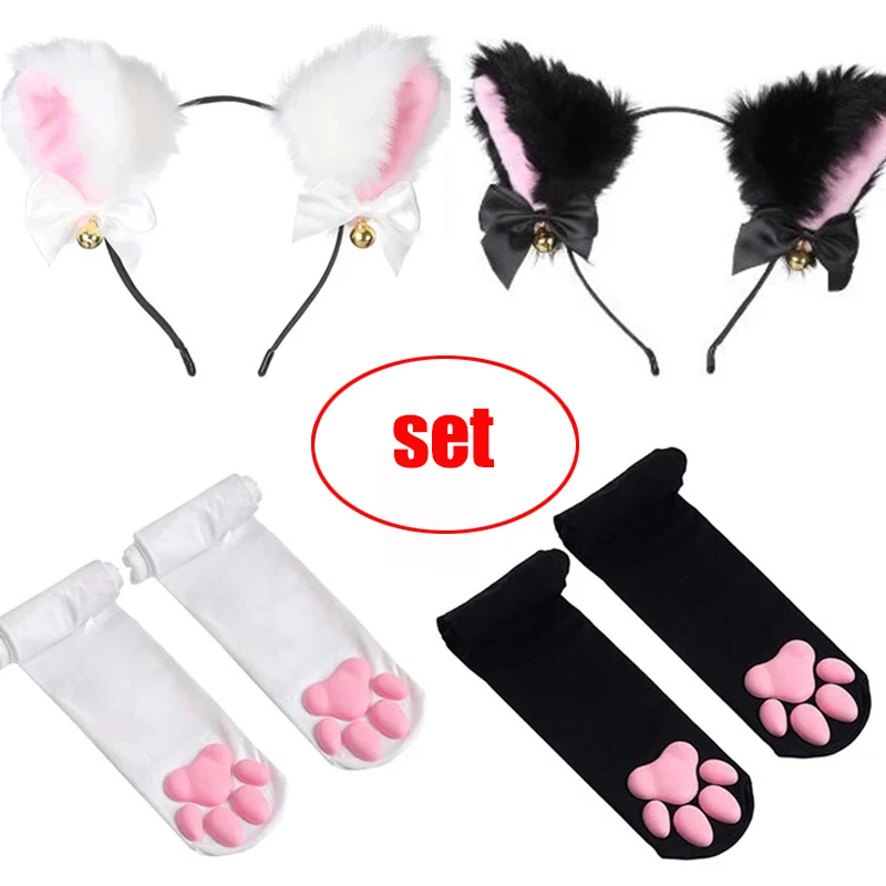 Фото Милые милые носки-чулки с кошачьими лапками и ушками Плюшевые Пушистые