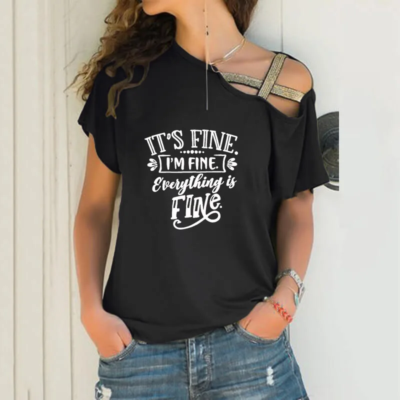 Женская свободная футболка с принтом I'm fine Асимметричная топы в стиле панк
