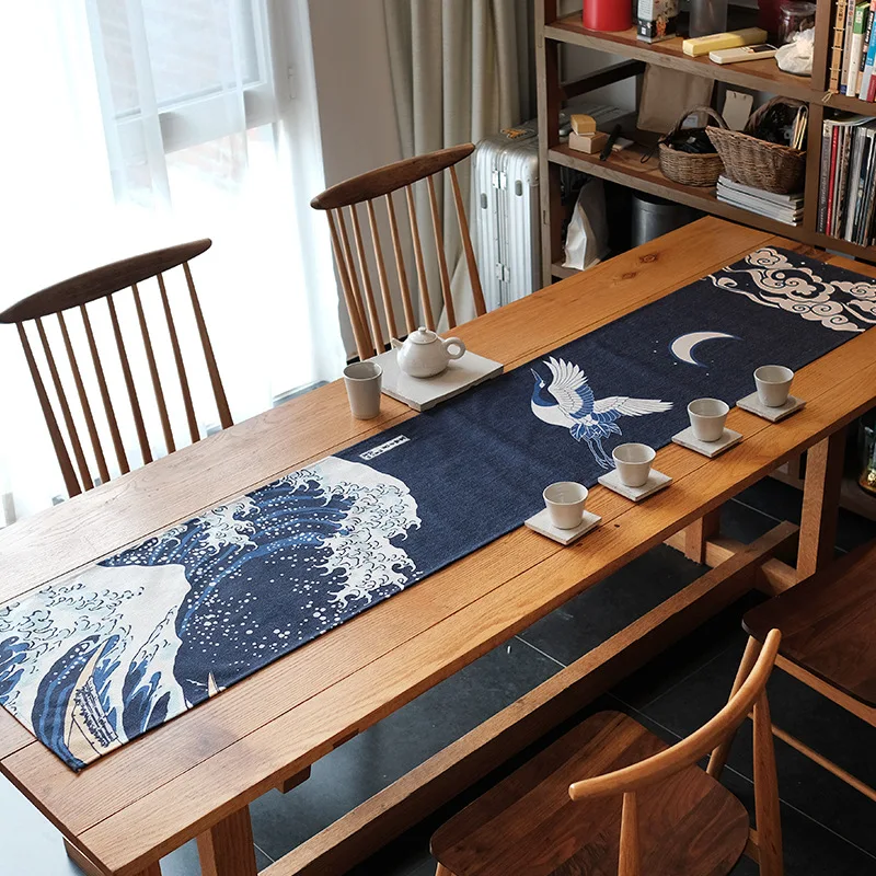 

Classical Japan style cotton linen deep blue printed table runner zen style tea table tablecloth retro bed runner towel