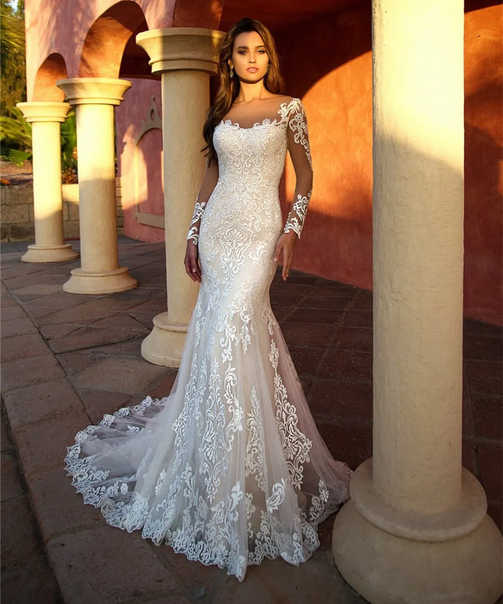Mermaid Netting Applique Scoop Long Sleeve Wedding Dress Bridal Wedding Gown Floor Length Court Train Custom made
Mermaid Netting Applique Scoop Long Sleeve Wedding Dress Bridal Wedding Gown Floor Length Court Train Custom made