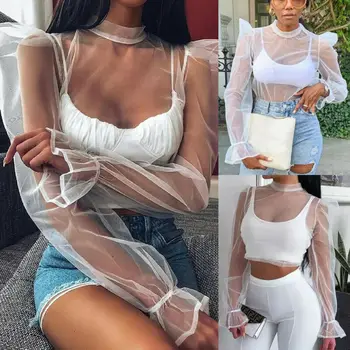 Fashion Women Puff Long Sleeve Shirt Tops Female Sexy Turtleneck Short Shirts See-through Sheer Mesh Blouse Women Clothes Tops 
Fashion Women Puff Long Sleeve Shirt Tops Female Sexy Turtleneck Short Shirts See-through Sheer Mesh Blouse Women Clothes Tops