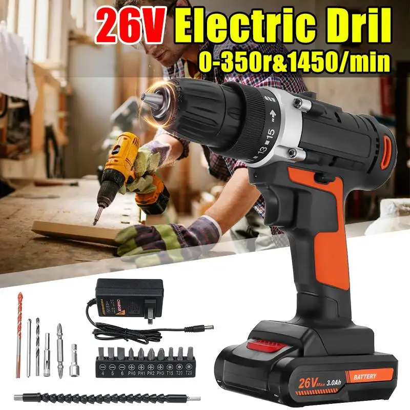 26V 350Nm Rechargeable Electric Cordless Drill Screwdriver Power Driver Lithium Battery Multifunction Electric Power Drill Tools
26V 350Nm Rechargeable Electric Cordless Drill Screwdriver Power Driver Lithium Battery Multifunction Electric Power Drill Tools