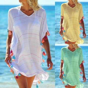 2020 Women Cover Up Beach Dress Tassel Summer V Neck Ladies Swimming Tops Striped Bikini Swimwear Beach Dress Salida De 
2020 Women Cover Up Beach Dress Tassel Summer V Neck Ladies Swimming Tops Striped Bikini Swimwear Beach Dress Salida De