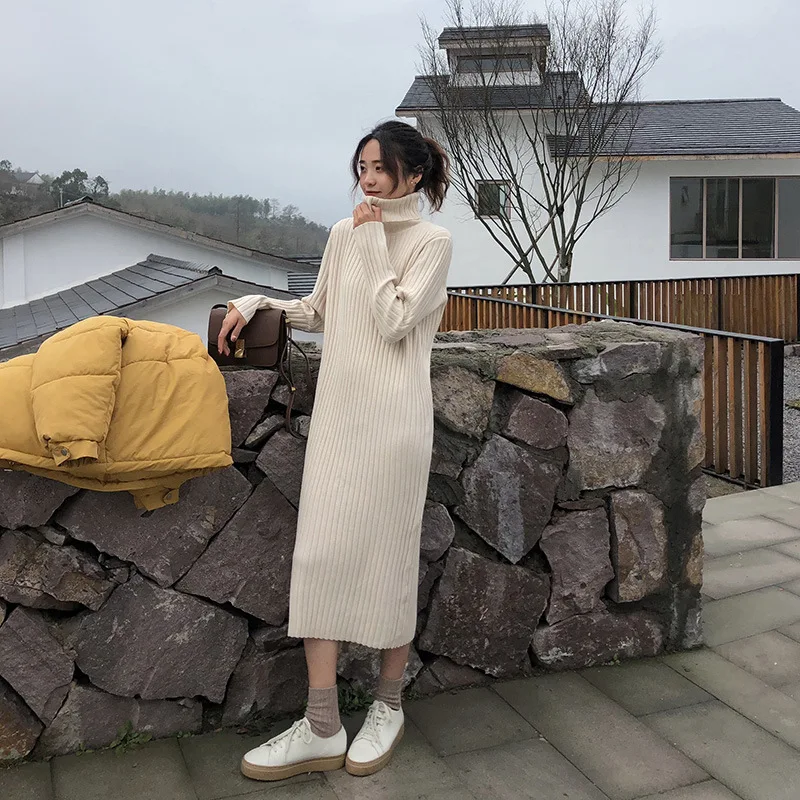 Sunken Stripe Solid Color High Collar Jersey Dress Women's 2018 New Style Slimming Base Dress