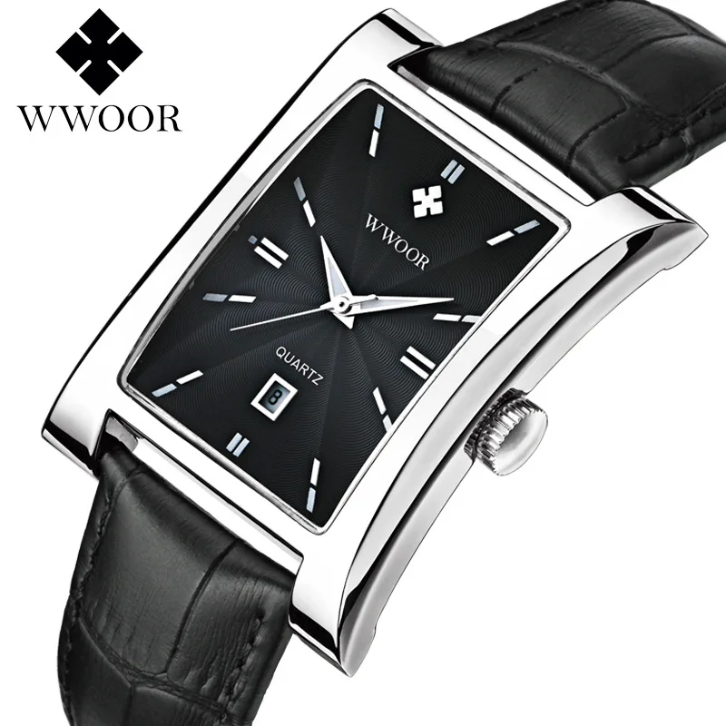 

Hot Sales Wwoor Square MEN'S Table Waterproof Watch Strap with Calendar Leather Belt MEN'S Watch 8017