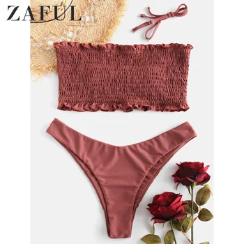 

ZAFUL Sexy Swimwear Beach Suit Frilled Smocked Bandeau Bikini Set Bathing Suit Strapless Padded Women Swimsuit Beach Wear 2020