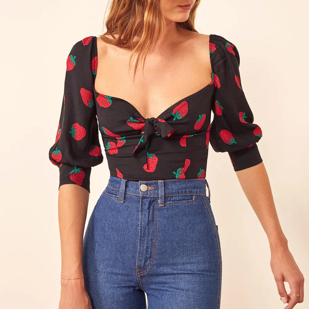 

Blouses Women Casual 2021 Fashion Sweetheart Neck Tie Bow Strawberry Print Blouse Back Smocked Slim Fitted Puff Sleeve Crop Top