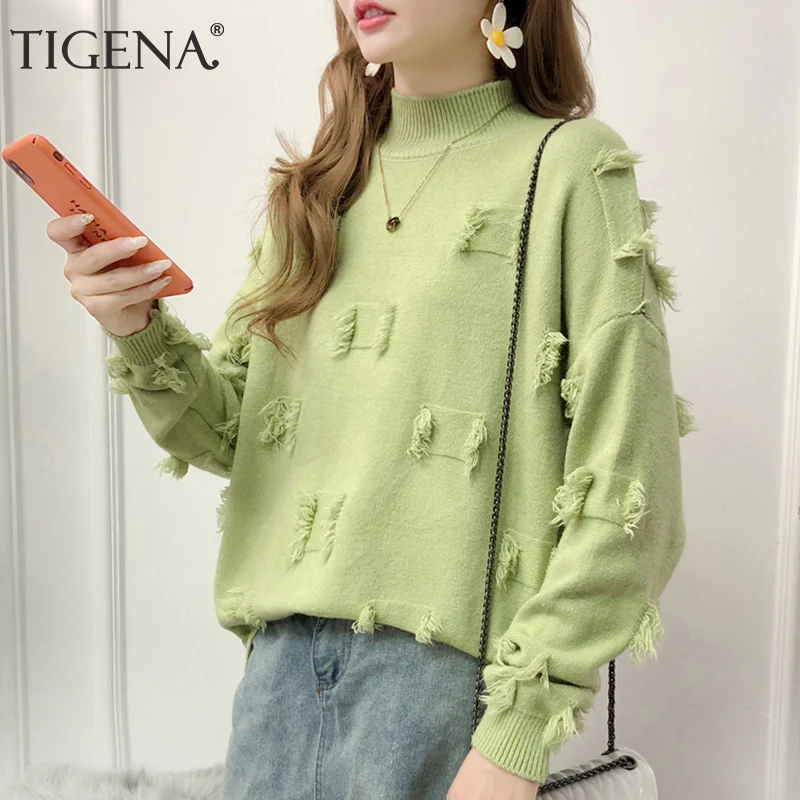 TIGENA Beautiful Tassel Pullover Sweater Women 2021 Autumn Winter Korean Style Loose Knitted Female Jumper Green | Женская одежда