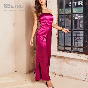 

SBetro Zip Side Satin Split Wide Leg Jumpsuit Autumn Ladies High Waisted Playsuit Bohemian Office Lady Jumpsuit women