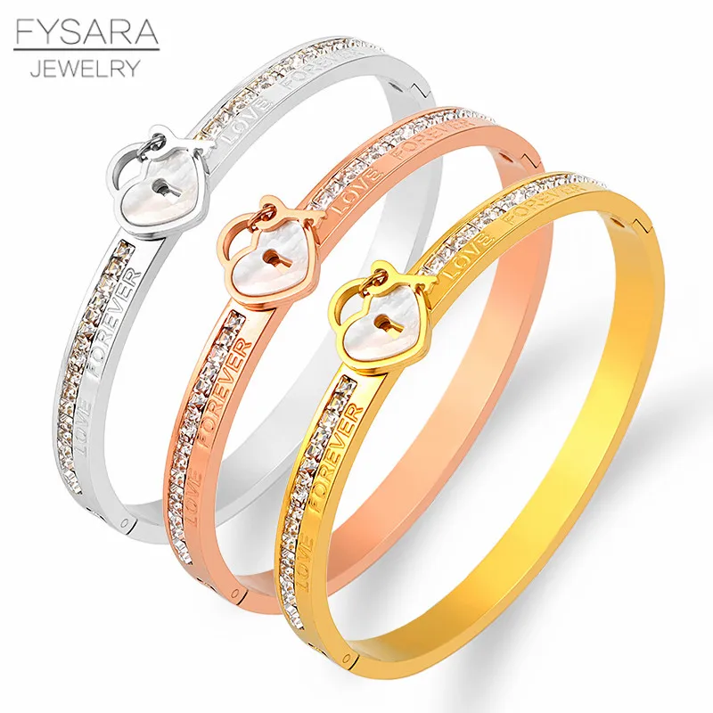 

FYSARA White Shell Heart Lock Bracelet Stainless Steel Full Crystals Bracelets Gold Bangles For Women Jewelry Wedding Lover Gift