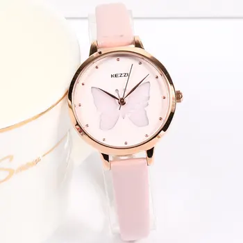 

KEZZI Brand Fashion Women's Luxury Leather Band Analog Quartz WristWatch Pink Dial Golden Ladies Watch Women Dress Reloj Mujer