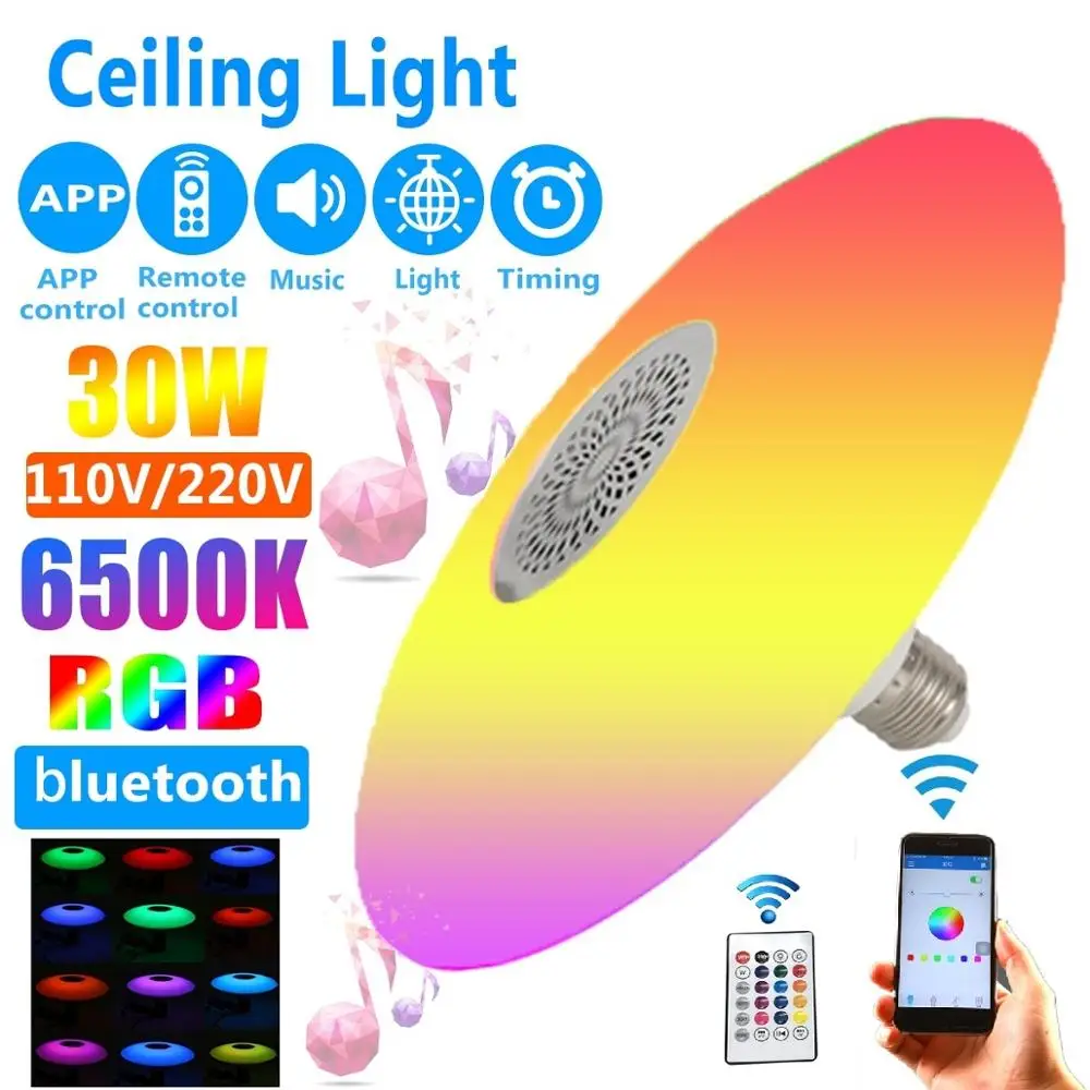 Беспроводной RGB аудио светильник E27 светодиодный потолочный лампочка с Bluetooth динамиком умный для