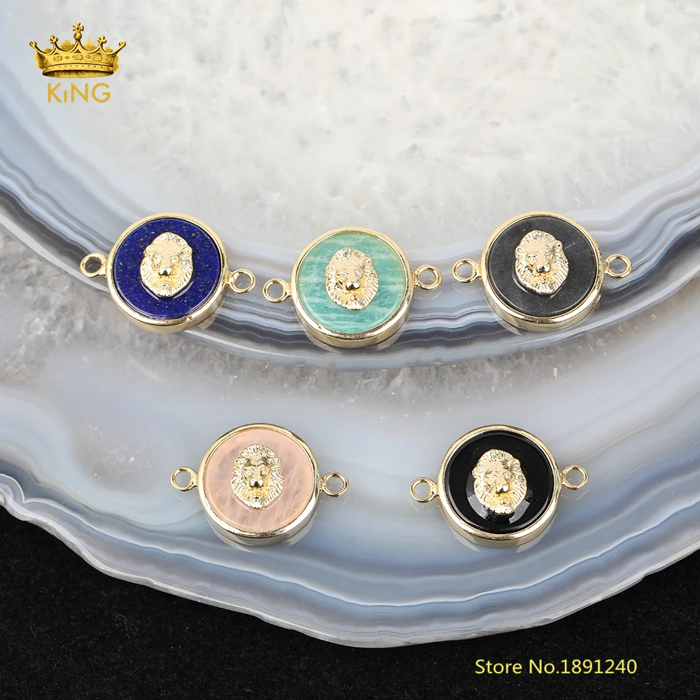 5pcs 15mm Coin Stones Lion Head Connectors for Jewelry Making Natural Quartz Crystal Amazonite Labradorite Lapis Gold Pendants | Украшения