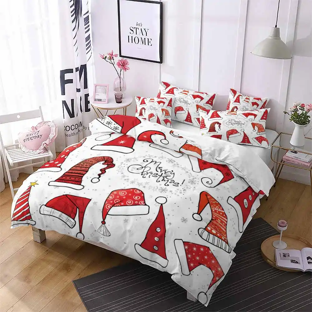 Christmas Hat Red White Quilt Bedding Sets Single Queen Duvet