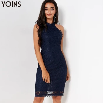 

YOINS 2020 Autumn Winter Women Bodycon Halter Neck Lace Dress Long Midi Dresses Sleeveless Elegant Party Outfits Sexy Club Wear