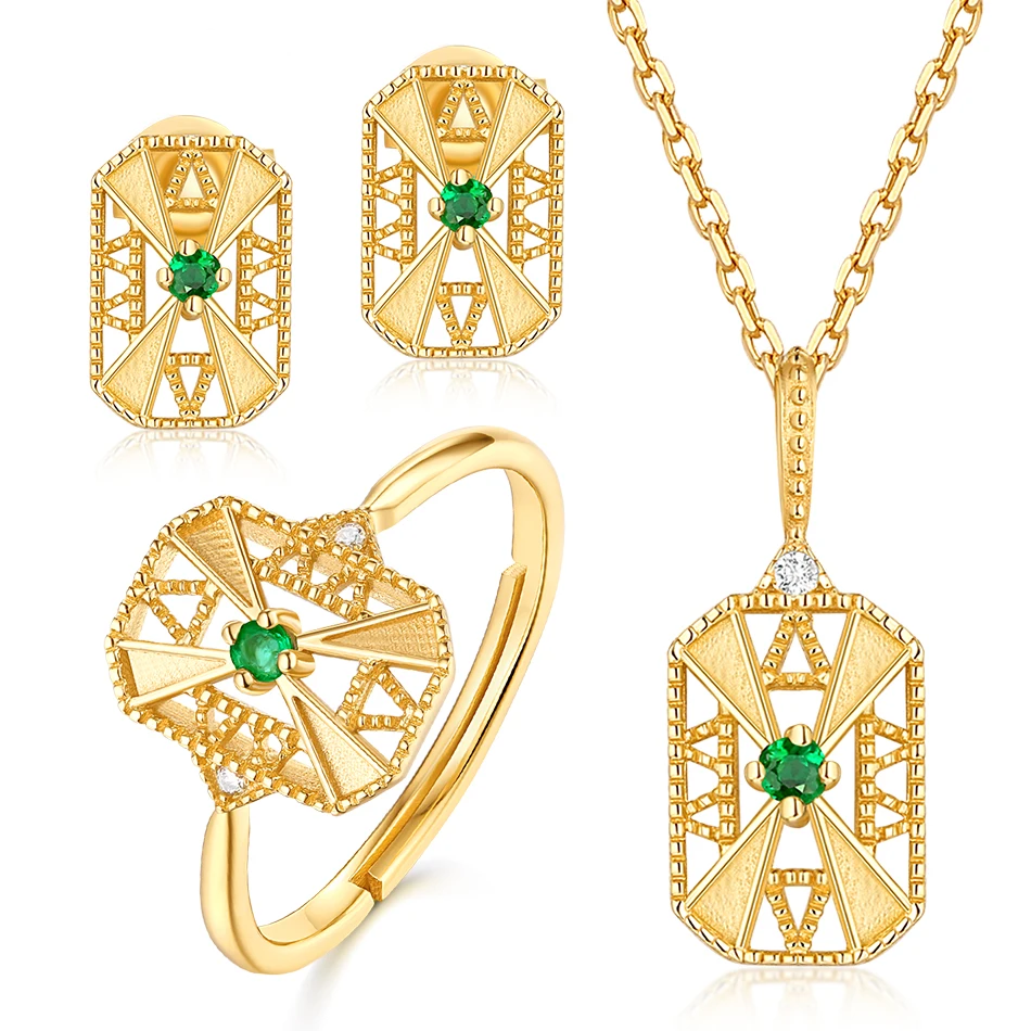 ALLNOEL S925 Sterling Silver Real Emerald Collocation Zircon Design Gold Color Ring Necklace Earrings Jewelry Sets For Women (17)