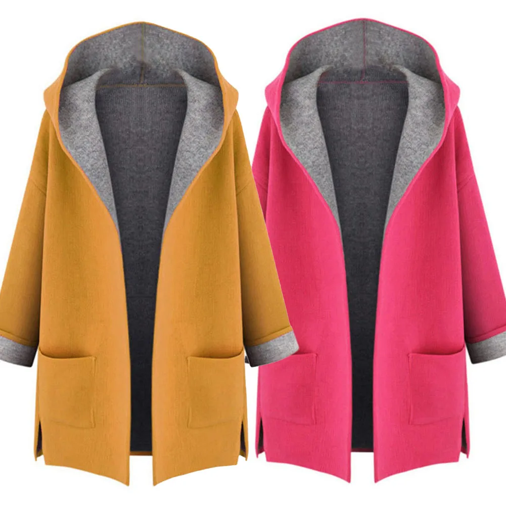 

Women Autumn Winter Jacket Fashion Hooded Pocket Long Sleeve Cardigan Coat Solid Overcoat Wide Warm Blend Wool Coat Long Outwear