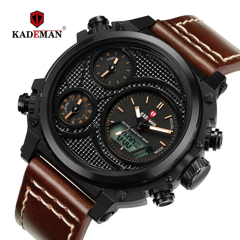 

156 KADEMAN Men Watches Luxury Big Dial Business Quartz Leather Digital Military Wristwatches 3ATM TOP Brand Relogio Masculino