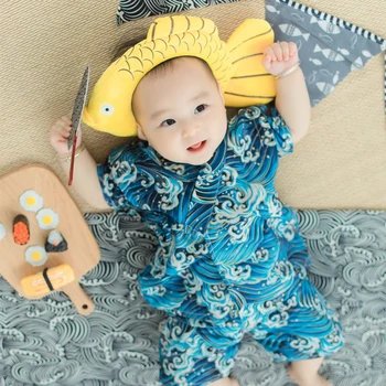 일본 어린이 기모노 100 일 오래된 촬영 소품, 크리에이티브 웨이브 패턴 잠옷 기모노 소년 캐주얼 잠옷 선물 LB835