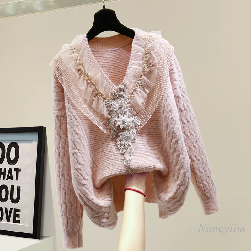 Beads Pleated Flower Sweater for Women 2020 Fall Winter Korean Style Loose Crystal-Studded Sequins Mesh Stitching V Neck Knit
Beads Pleated Flower Sweater for Women 2020 Fall Winter Korean Style Loose Crystal-Studded Sequins Mesh Stitching V Neck Knit
