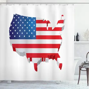 

USA Shower Curtain, 3D Map of United States with Old Glory Theme Patriotic Illustration, Cloth Fabric Bathroom Decor Set with