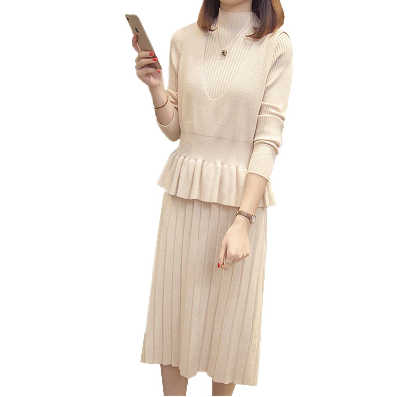 Women Autumn Winter New Fashion Knitted Ruffle ter Pullover Sweater Vest Tops + Half Turtleneck Long Skirt Two Piece Set |
