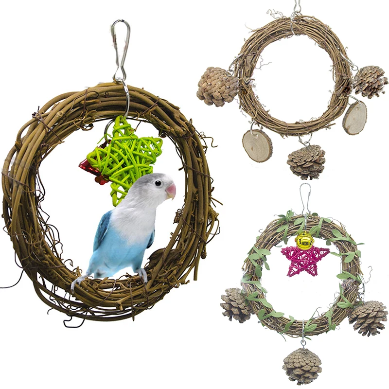 

Pet Parrot Birds Cage Toy Rattan Weaved Circle Ring Stand Chewing Bite Hanging Swing Climbing Play Toys For Cockatiel Parakeet