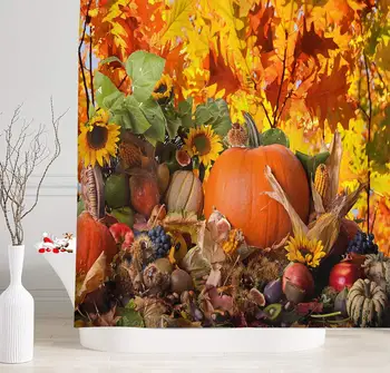 Fall Season Shower Curtains, Thanksgiving Day Harvest Pastoral Style Pumpkin Sunflowers and Corn Under Autumn Leaves, Colorful
Fall Season Shower Curtains, Thanksgiving Day Harvest Pastoral Style Pumpkin Sunflowers and Corn Under Autumn Leaves, Colorful