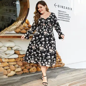 

YOINS Bohemian Random Floral Print V Neck Bell Sleeve Wrapped Dress 2020 Elegant Women Midi Dresses Vintage Plus Size Vestidos