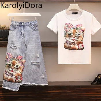 M-4XL Plus Size Women Skirts Suit Summer Print Cat Pattern Sequine Cotton T-Shirt + Denim Tassel Hole Knee Skirts Set
M-4XL Plus Size Women Skirts Suit Summer Print Cat Pattern Sequine Cotton T-Shirt + Denim Tassel Hole Knee Skirts Set