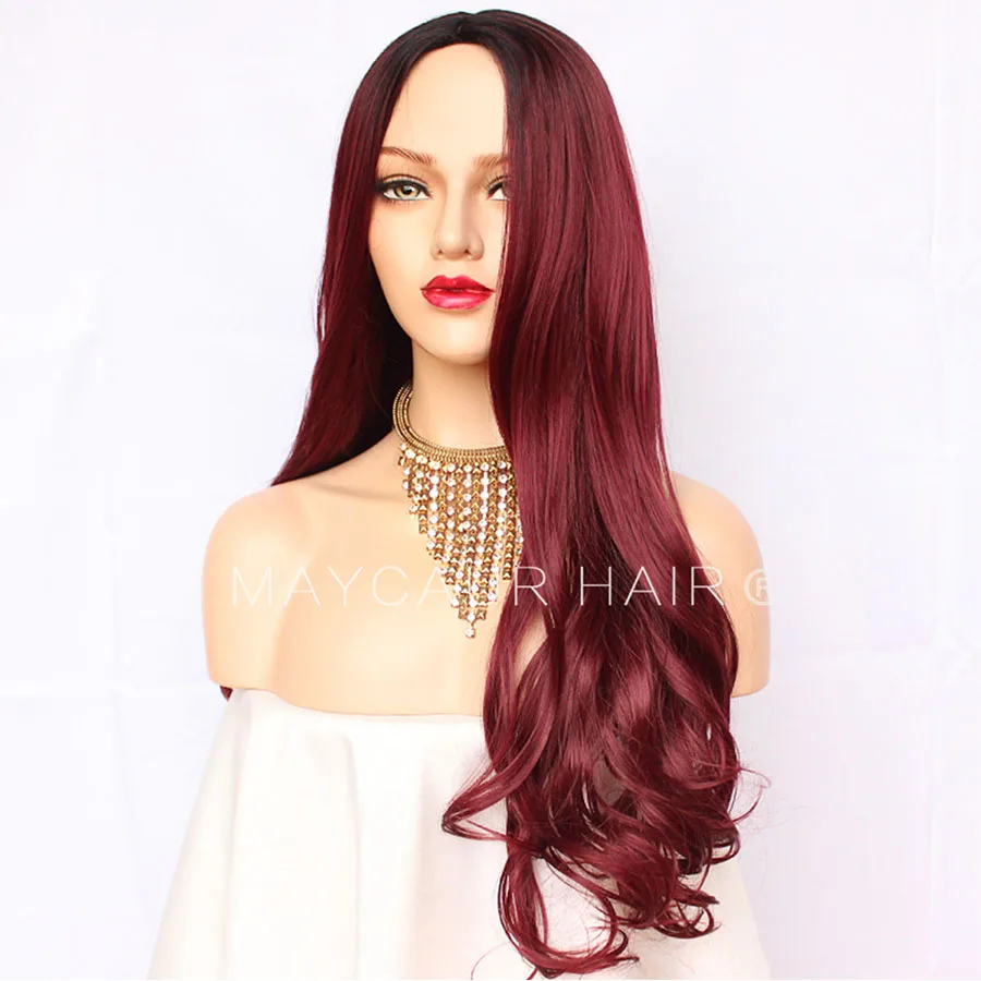 Maycaur Ombre Color Burg Red Wigs Synthetic Heat Resistant Hair Wig 4 Inch Middle Part Long Wavy Glueless Synthetic Wigs For Black Woman (5)