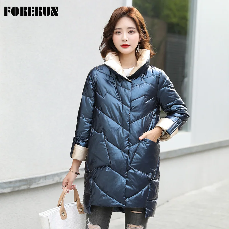 FORERUN Glossy Long Down Jacket Quilted Patchwork Cotton Padding Winter Warm Jackets Standard Collar Fashion Casual Outwear
FORERUN Glossy Long Down Jacket Quilted Patchwork Cotton Padding Winter Warm Jackets Standard Collar Fashion Casual Outwear