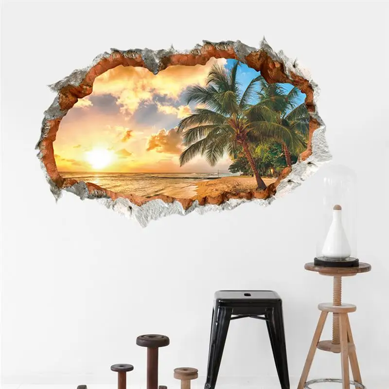 

Sunset Seabeach Coconut Wall Art Stickers For Office Shop Living Room Bedroom Home Decor 3d Broken Hole Scenery Wall Mural Decal