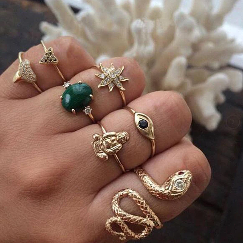 7 Pcs/set Women Vintage Ring Set Buddha Hand Flower Heart Snake Crystal Gold Fashion Party Wedding Jewelry Accessories F5M213
7 Pcs/set Women Vintage Ring Set Buddha Hand Flower Heart Snake Crystal Gold Fashion Party Wedding Jewelry Accessories F5M213