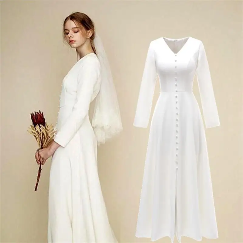 Simple Sheath Split Beach Wedding Bride Dresses White Button V Neck Long Sleeves Ankle-Length Elegant Bridal Gowns 2020
Simple Sheath Split Beach Wedding Bride Dresses White Button V Neck Long Sleeves Ankle-Length Elegant Bridal Gowns 2020