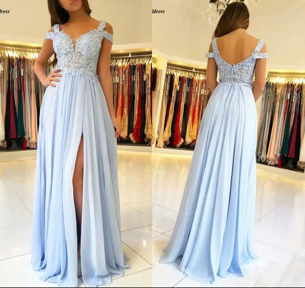 abiye gece elbisesi 2020 Cheap A Line Sky Blue Chiffon Long Evening Dresses With Lace Appliqued Corset Formal Party Gowns | Свадьбы и