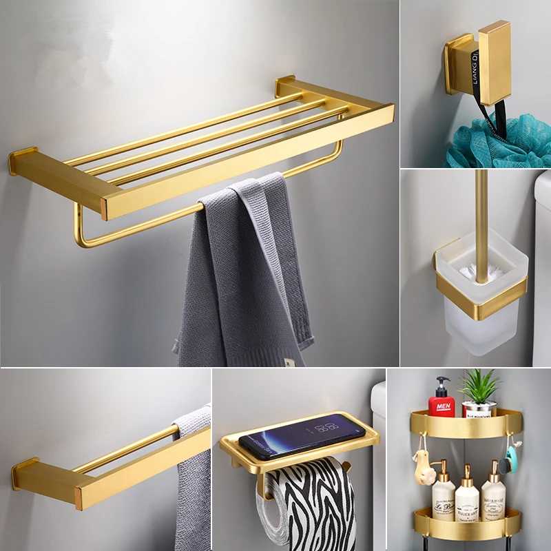 Brushed Gold Towel Rack Shelf Bathroom Accessory Set Space Aliminum Towel Ring Wall Mounted Toilet Roll Paper Hodler Robe Hook
Brushed Gold Towel Rack Shelf Bathroom Accessory Set Space Aliminum Towel Ring Wall Mounted Toilet Roll Paper Hodler Robe Hook