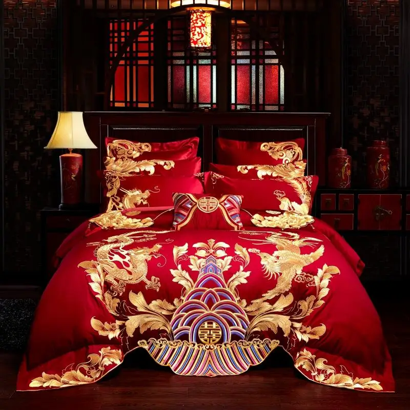 

High End Golden Loong Phoenix Embroidery Bedding Set Egypt Cotton Red Chinese Wedding Duvet Cover Bed Sheet Pillowcases 4/6/8Pcs