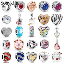 Verzilverde hartvormige zirkoon regenboog glas kralen hanger voor vrouwen liefhebbers Fijne armbanden & kettingen gemaakt door DIY Jeweley(China)