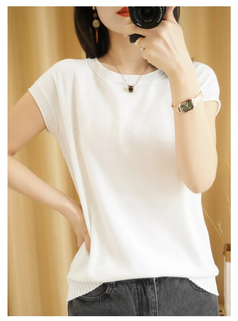 Summer Women's Sweaters fashion O-Neck Short Sleeve Female Pullover 100% Cotton Knitted Tops Soft Health Clothes Pull Femme Cool Summer Women's Sweaters fashion O-Neck Short Sleeve Female Pullover 100% Cotton Knitted Tops Soft Health Clothes Pull Femme Cool